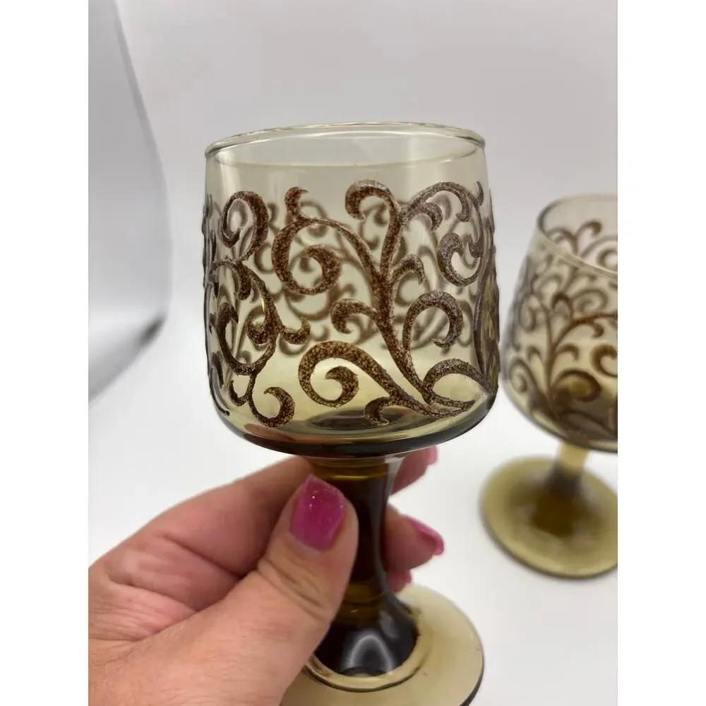 Vintage Libbey Prado Water Goblets (3)Wine Goblets(2) Scroll Pattern Brown